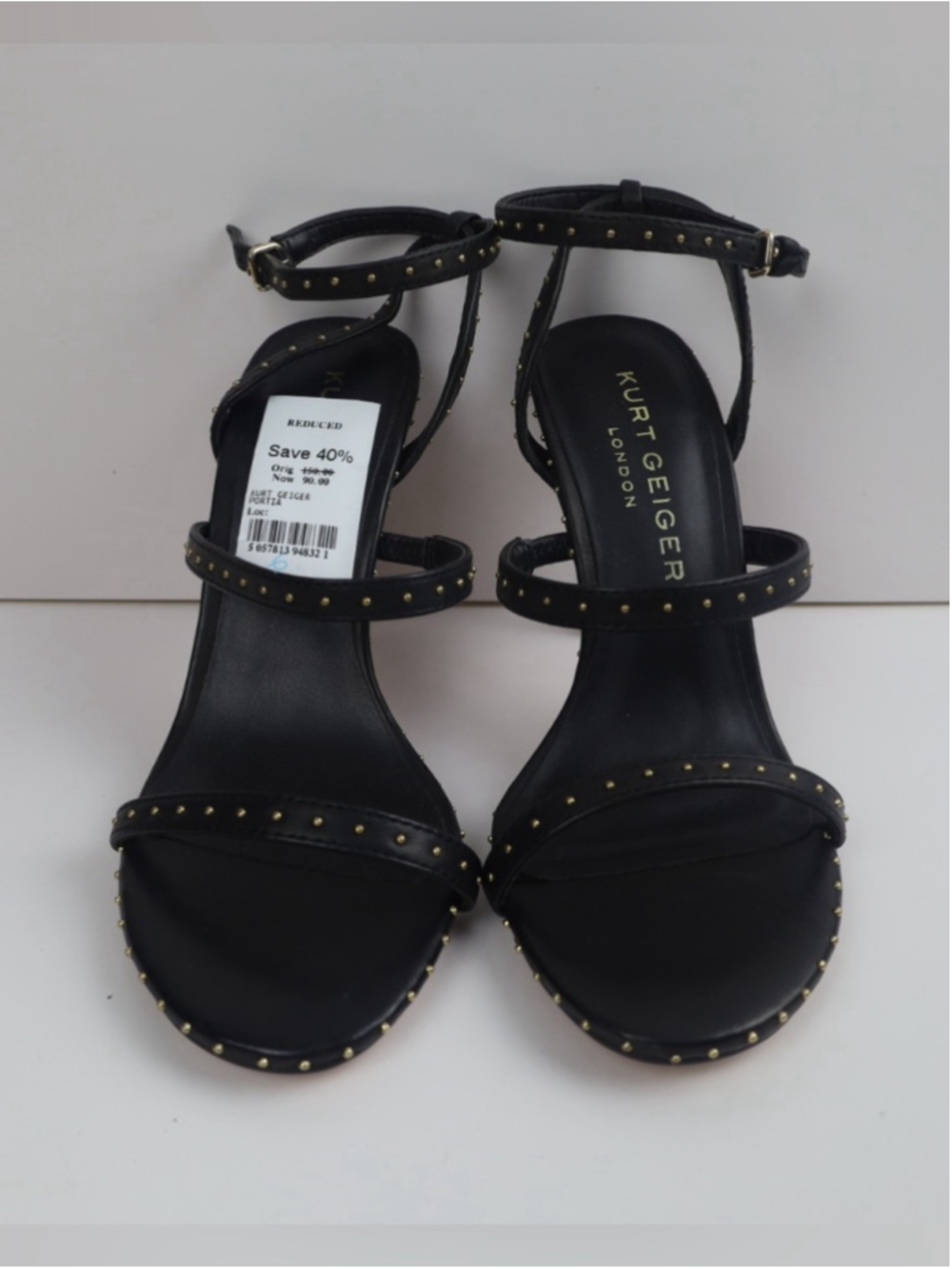 Kurt Geiger Portia Black Leather Gold Studded Strappy Heel Sandal -36.5/6.5 0511 - Picture 5 of 15